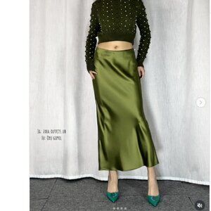 ZARA - Satin Midi Skirt | Moss/Olive Green - M